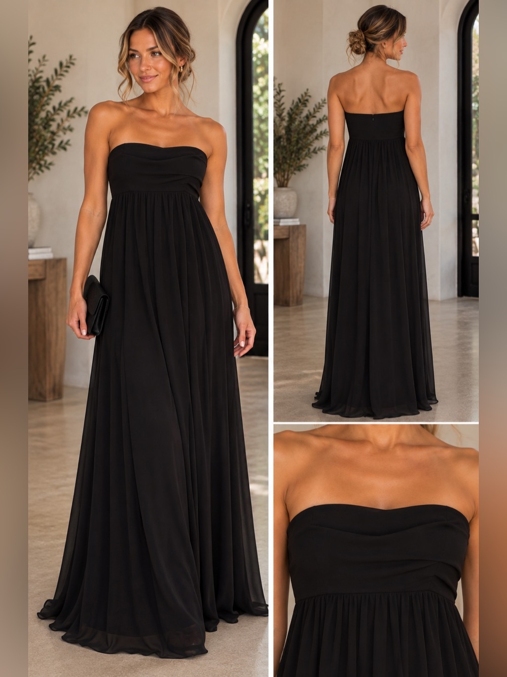 Birdy Grey Grace Dress Black Chiffon Strapless Empire Waist Gown Size L